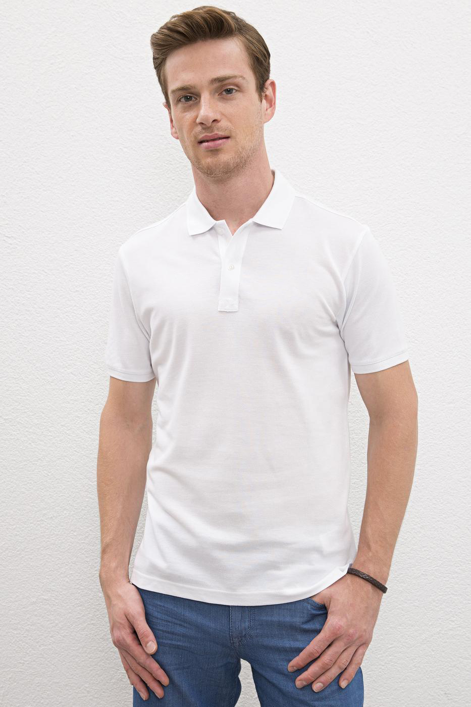 Unisex Polo Yaka Lakost Kumaş Beyaz Tişört